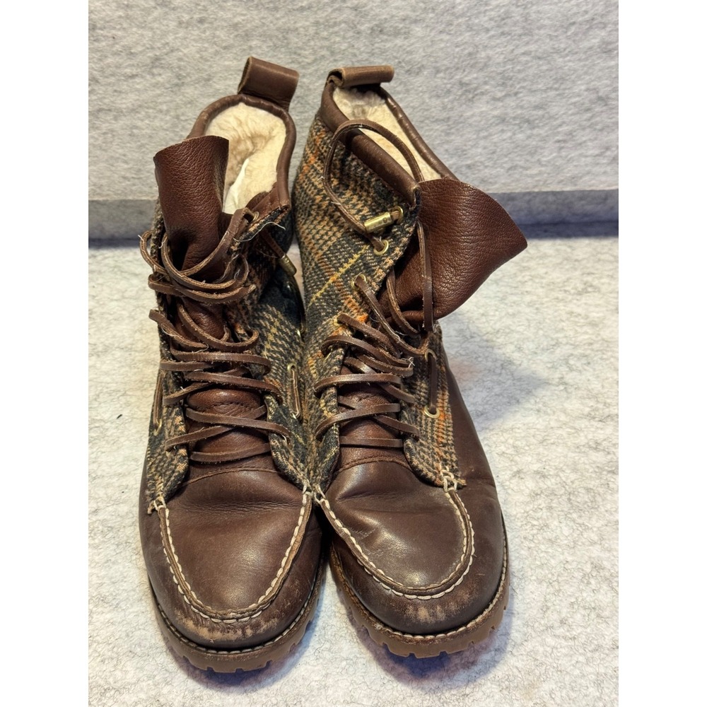 Tory Burch Miller Brown Plaid Leather Shearling Combat Boots Womens 8.5 M
